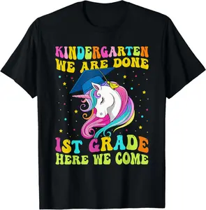 100%cotton Kindergarten We Are Done 1st Grade Here We Come Unicorn Girl T-Shirt