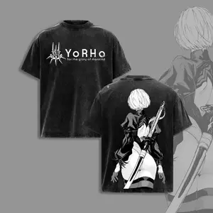 [COLLECTION] NieR Automata 2B Vintage Washed Oversized T-Shirt – Anime Game Graphic Tee Double Print, Heavyweight Cotton Streetwear, Unisex Casual Crew Neck Top for Men & Women