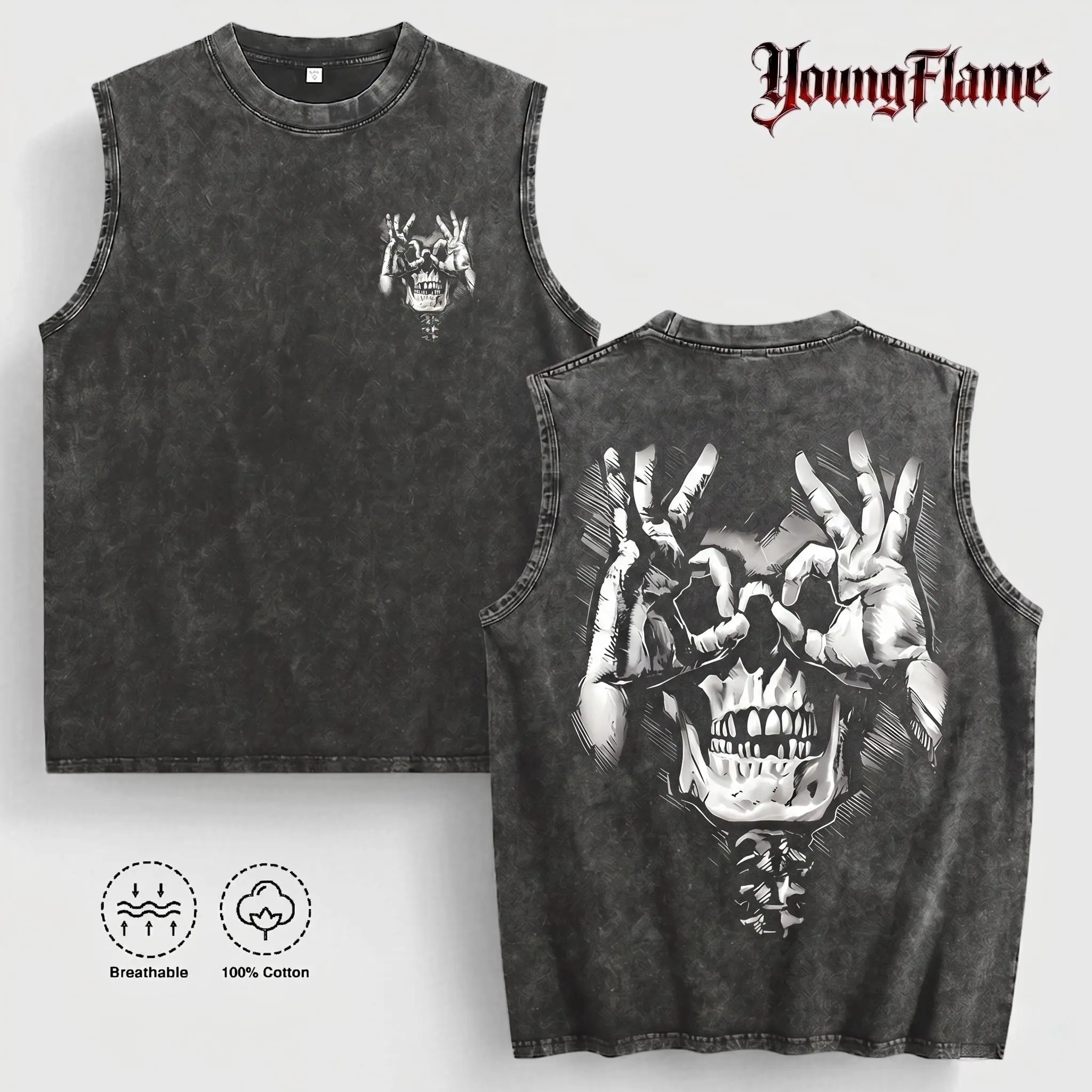 Men's Gothic Retro Vintage 100% Cotton Sleeveless T-Shirt - Edgy Skull Hands Graphic, Loose Fit Grunge Top, Breathable Party Summer Fashion
