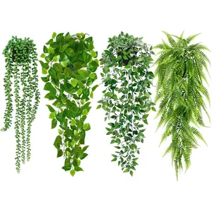 Artificial Hanging Plants for Shelf, 4 Pack Fake Potted Greenery Plant Faux Mandala Vine, String of Pearls, Ivy Vine,Persian Grass Fern in Pot for Desk Home Bathroom Farmhouse Room Table Decor
