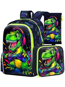 Kids' Gamer T-Rex Backpack Set, Neon Gaming Dinosaur Design, Includes Insulated Lunch Box & Pencil Case, Perfect for Boys