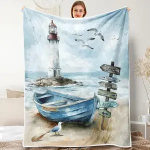 Nautical Coastal Throw Blankets, Ocean Beach Lighthouse Flannel Warm Soft Cozy Fluffy Bed Couch Blanket, Blue Teal Seasides Sailboat Flannel Throws to Decorate The Room Bedroom