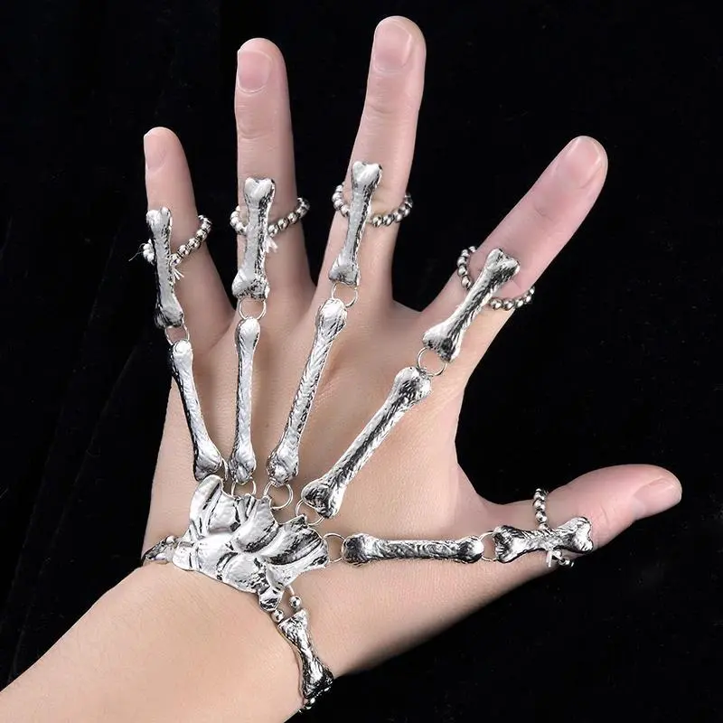 Gothic Skeleton Hand Bracelet for Women, Handmade Metal Costume Jewelry with Ring for Halloween and Daily Wear, Yes, Gothic Style, Skeleton Hands, Fashion, Hot-Selling, Figure, Female, Birthday, Unisex, Silver, Gothic Style Bracelets & Bangles