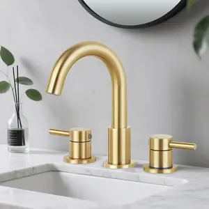 3 Hole 8 Inch Widespread Brushed Gold Bathroom Sink Faucet with 360° Swivel Spout, 2 Handle Vanity Faucet with Pop Up Drain and Water Supply Hoses
