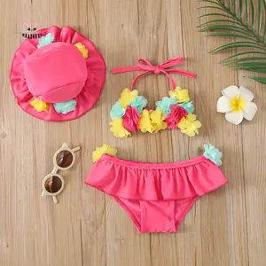 Infant Girls Three-piece Bathing Suit, Flower Halter Neck Swimming Tops, Bottoms and Sun Protection Cap