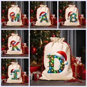 1pc Christmas gift wrapping drawstring storage bag, cartoon 26 alphabet Santa hat pattern gift storage bag, multi-functional festive and party supplies storage bag, suitable for gifting