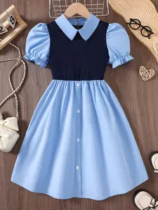 Girls' Blue Colorblock Dress, Doll Collar Bubble Sleeve Button Dress, Party Casual Essential, Two-Piece Design, Collared Dress, Buttoned Dress