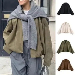 Women's Faux Suede Bomber Jacket Oversized Streetwear Y2K Lapel Long Sleeves Motorcycle Coat