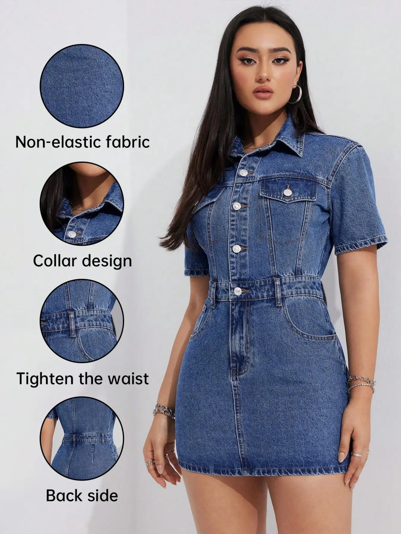 Women's Waist-Cropped Non-Elastic Fabric Summer Denim Dress, Washed Short Sleeve Knee-Length, Button Front, Boho Style, Casual Boho Chic, Casual Wear Basic, Bohemian Summer Dress