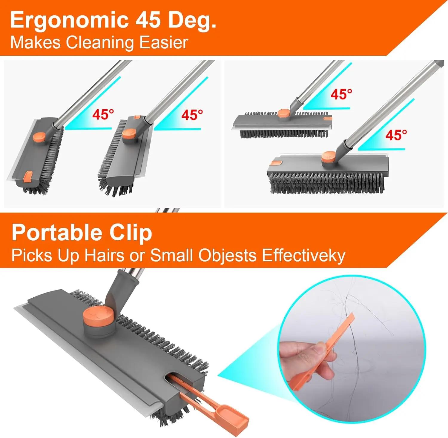 Livo-V 3-in-1 Adjustable Length Stainless Steel 360° Angle Scrub Rotatable Long Handle Brush + Squeegee, Durable Sturdy PVC Bristles Scrubber for Indoor/Outdoor Home Cleaning Supplies (Bathroom, Kitchen Use)