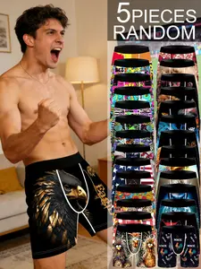 Men's Cartoon Digital Print Briefs Set of 5, Moisture-Wicking Waistband Design, Casual Loose-Fitting Underwear for All Seasons