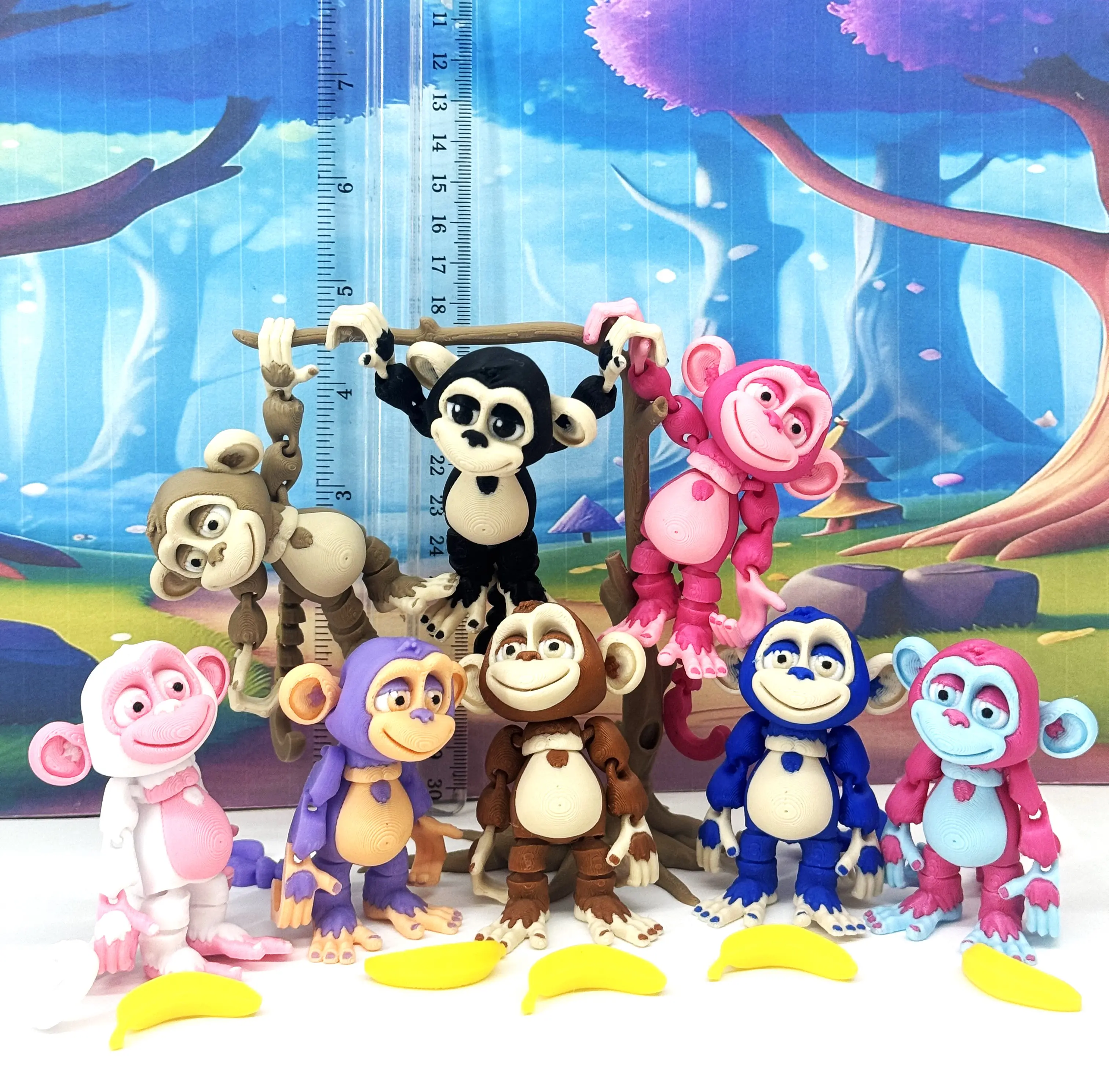 1pc 2.75" 3D Printed Articulated Monkey Fidget Toy - Posable Desk Ornaments with Banana on Tree Charms, Stress Relief Workspace Accessory for Fidgeting, Decor