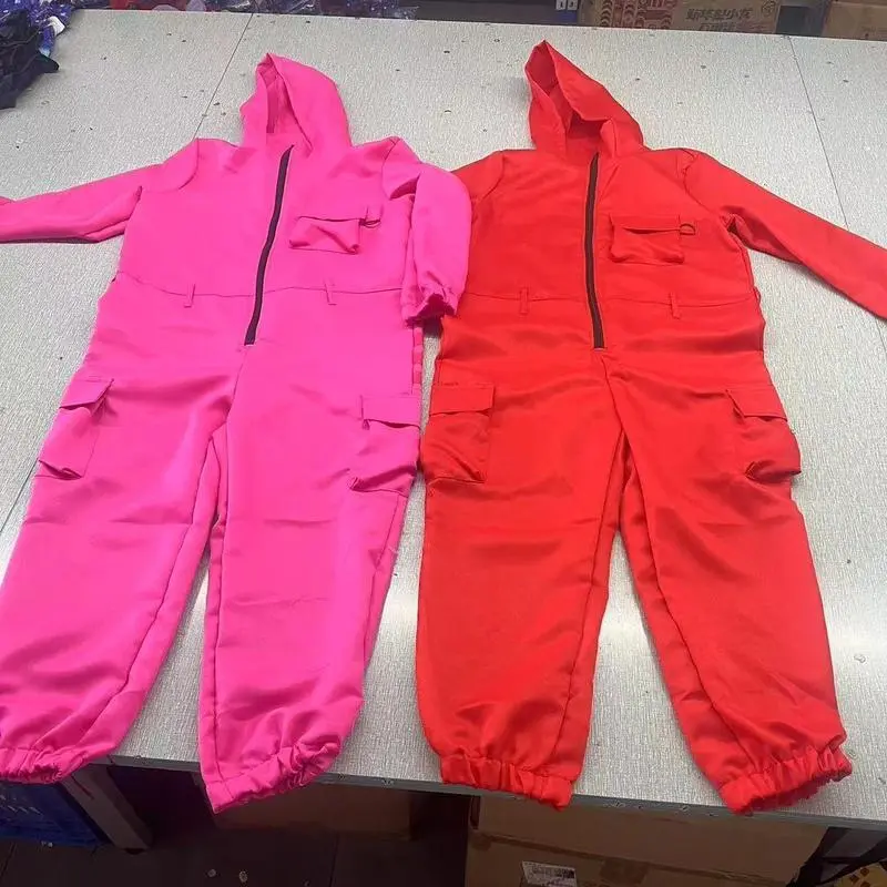 Halloween Calamari Game Guard Cosplay Costume Red Jumpsuit Outfit Adult KidsTeenagers Tracksuit Hooded Overall Gloves mask Set Halloween Calamari Game Guard Cosplay Costume Red Jumpsuit Outfit Adult KidsTeenagers Tracksuit Hooded Overall Gloves mask Set