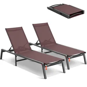 VEVOR Chaise Lounge Chairs Outdoor,  Aluminum Patio Lounge Chairs with Adjustable 5-Position, Folding Pool Lounge Chairs Recliner and Full Flat Tanning Chairs for Patio, Beach, Pool, Brown, 2 pcs