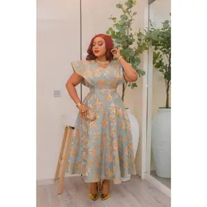 Metallic Floral Jacquard Flare Sleeve Twirl Skater Dress