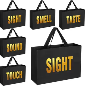 5 Senses  Bags for Him Her Five Senses  Bags with Ribbon Handles Portable Paper Birthday Present Wrappings for Wedding Anniversary Party Mothers Day(Black,12.6 x 8.7 x 4 Inch)