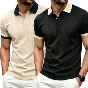 Men’s textured jacquard polo shirt featuring contrasting collar and sleeve designs, slim fit, breathable, wrinkle-resistant—ideal for casual occasions, dates, and everyday streetwear. Menswear Top Set Stylish Tropical Shortsleeve Beige