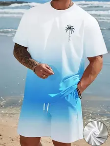 Summer Men's Beach Style Gradient Coconut Tree Print Short Sleeve Set, Comfortable Casual Sport T-Shirt and Shorts Two-Piece