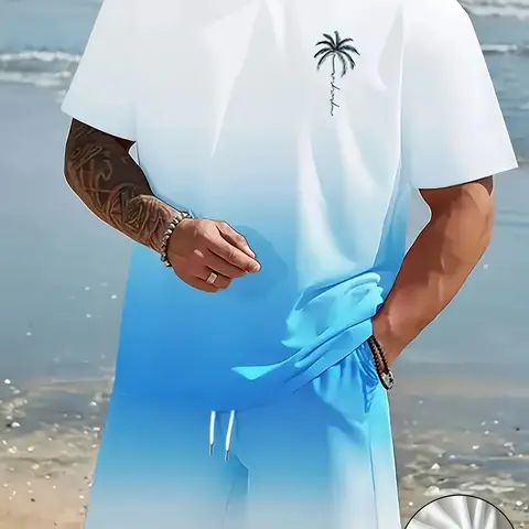 Summer Men's Beach Style Outdoor Tropical Gradient Ombre Coconut Tree Print Round Neck Short Sleeve Fitted Matching Set, Comfortable Casual Sporty T-Shirt and Shorts Two-Piece Menswear Clothes