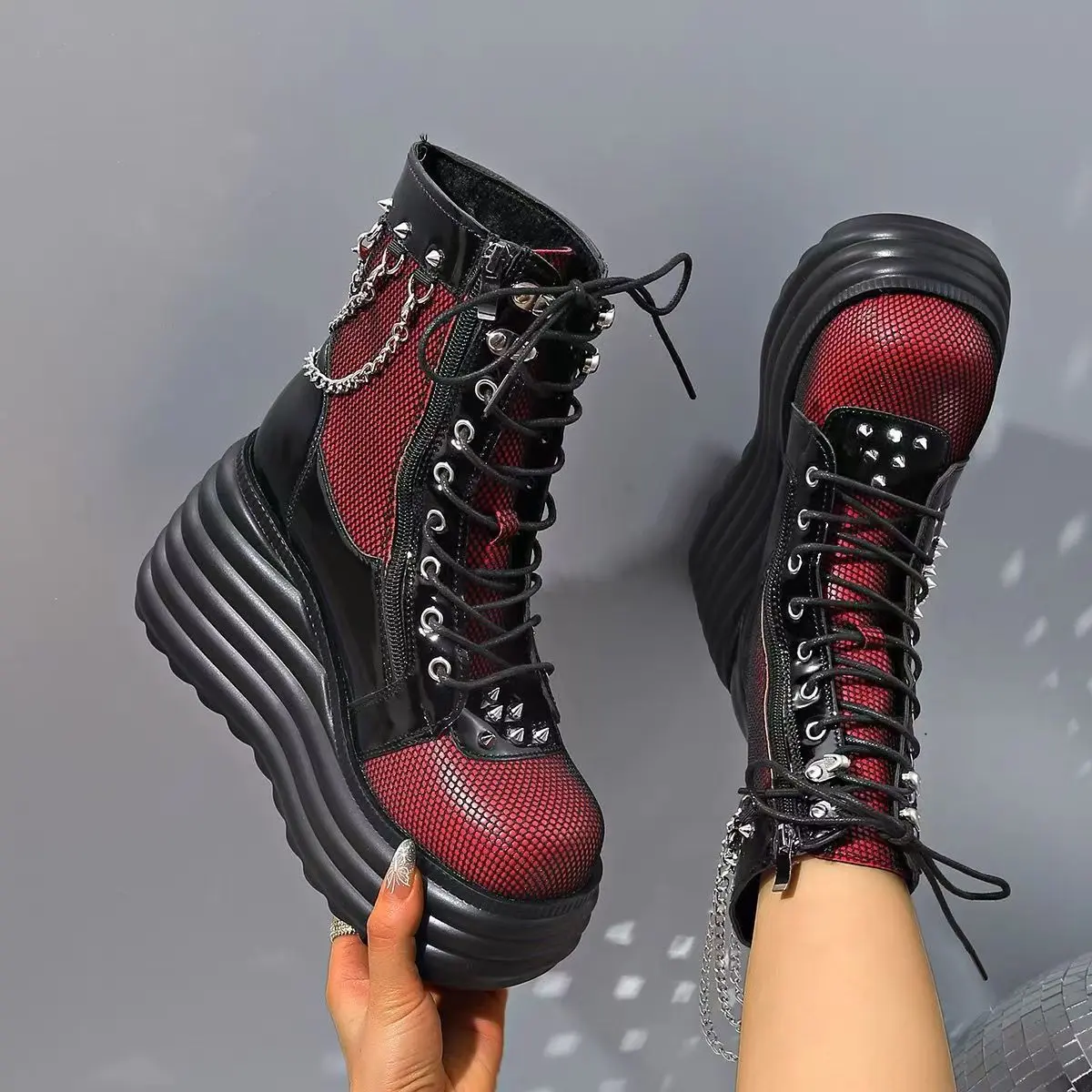 Women's Stud Chain Platform Ankle Boots, Lace Up Color Block Snake Print Combat Boots, Wedge Goth Punk Ankle Boots for Concert Street Cosplay Wear