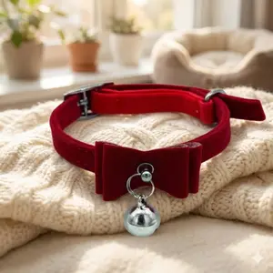 Adjustable Safety Buckle Velvet Pet Collar, Elastic Knit Cat Collar with Removable Washable Bell & Bow Tie, Comfortable Durable Cat Accessories for Daily Use