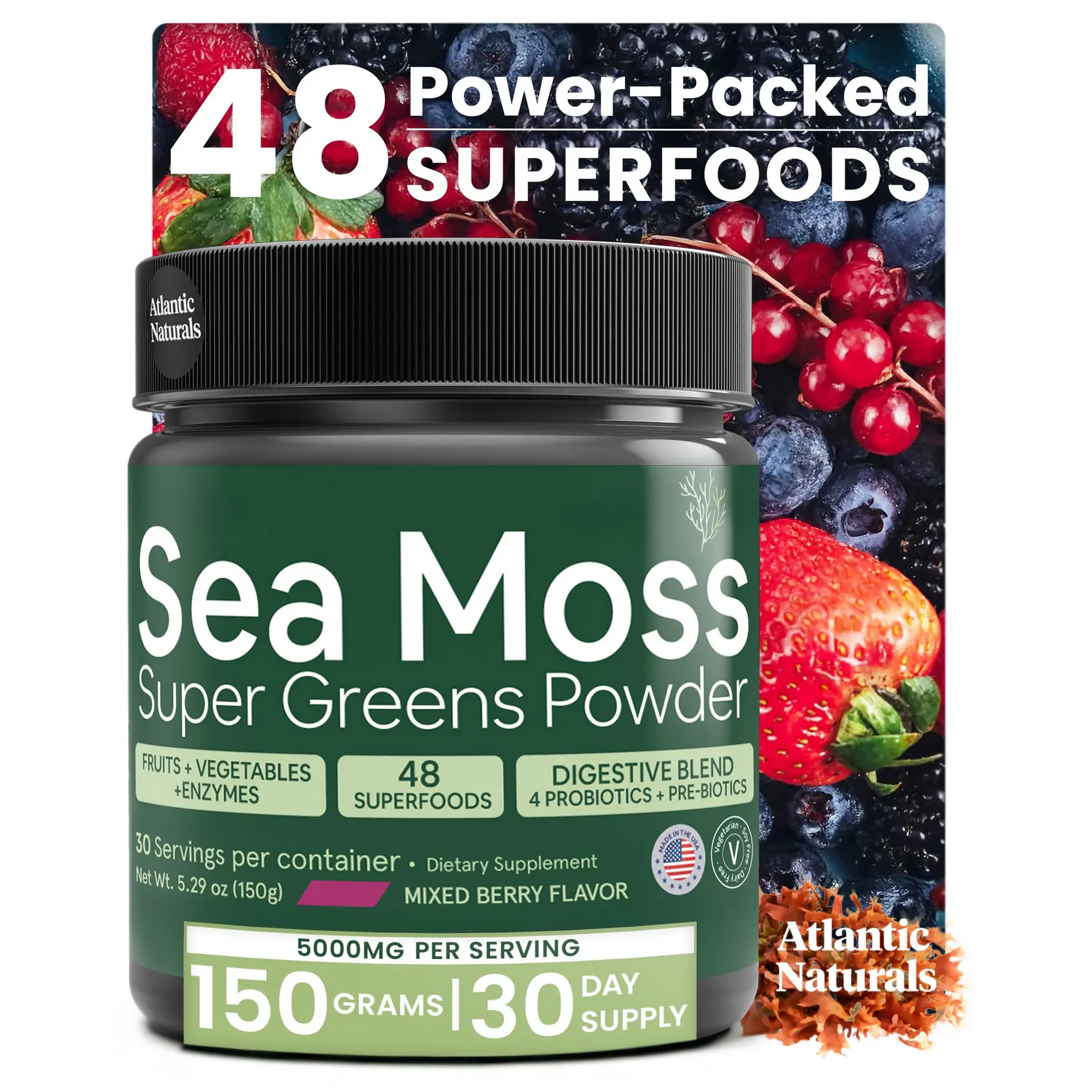 Atlantic Naturals Organic Sea Moss Super Greens Powder - Greens Superfood with 12 Vegetables, 15 Fruits, Probiotics, 16 Herbs & Spices - Digestive Health, Energy, Skin & Immunity - Mixed Berry Flavor