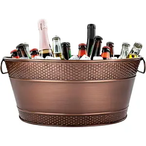 Galvanized Beverage Tub for Parties, Oval Drink Bucket with Handles, Colt Copper Finish  Chiller Drink Cooler for Home Bar (15-Quarts, 16-Bottles)