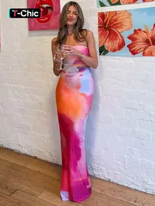 Women's Tie Dye Print Tube Dress, Sleeveless Strapless Bodycon Maxi Dress for Beach Holiday Vacation, Ladies Summer Clothes, Womenswear