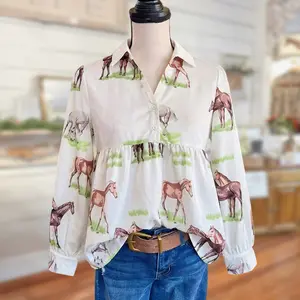 SageVell Horse Print Cotton Sweatshirt for Women, Long Sleeve Pullover Top with Collar, Vintage Western Style