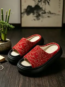 New Traditional Gold Line Auspicious Cloud Home Slippers, Waffle Hemp Texture, Anti-Slip Thick Sole, National Style Festive Sandals