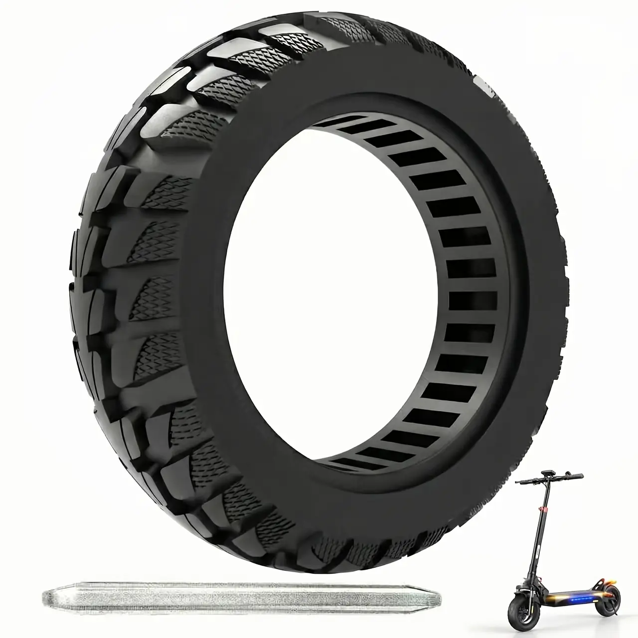Universal solid tire (compatible with 10×2.70-6.5 and 10×2.75-6.5 sizes); heavy-duty, puncture-resistant, and anti-slip rubber tire; air-free, wear-resistant replacement tire suitable for off-road electric scooter riding.