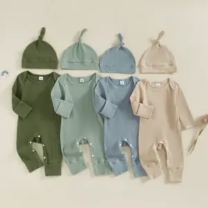 Newborn Baby Boy Romper Fall Winter Clothes Coming Home Outfit Infant Solid Color Ribbed Long Sleeve Onesie Jumpsuit with Hat