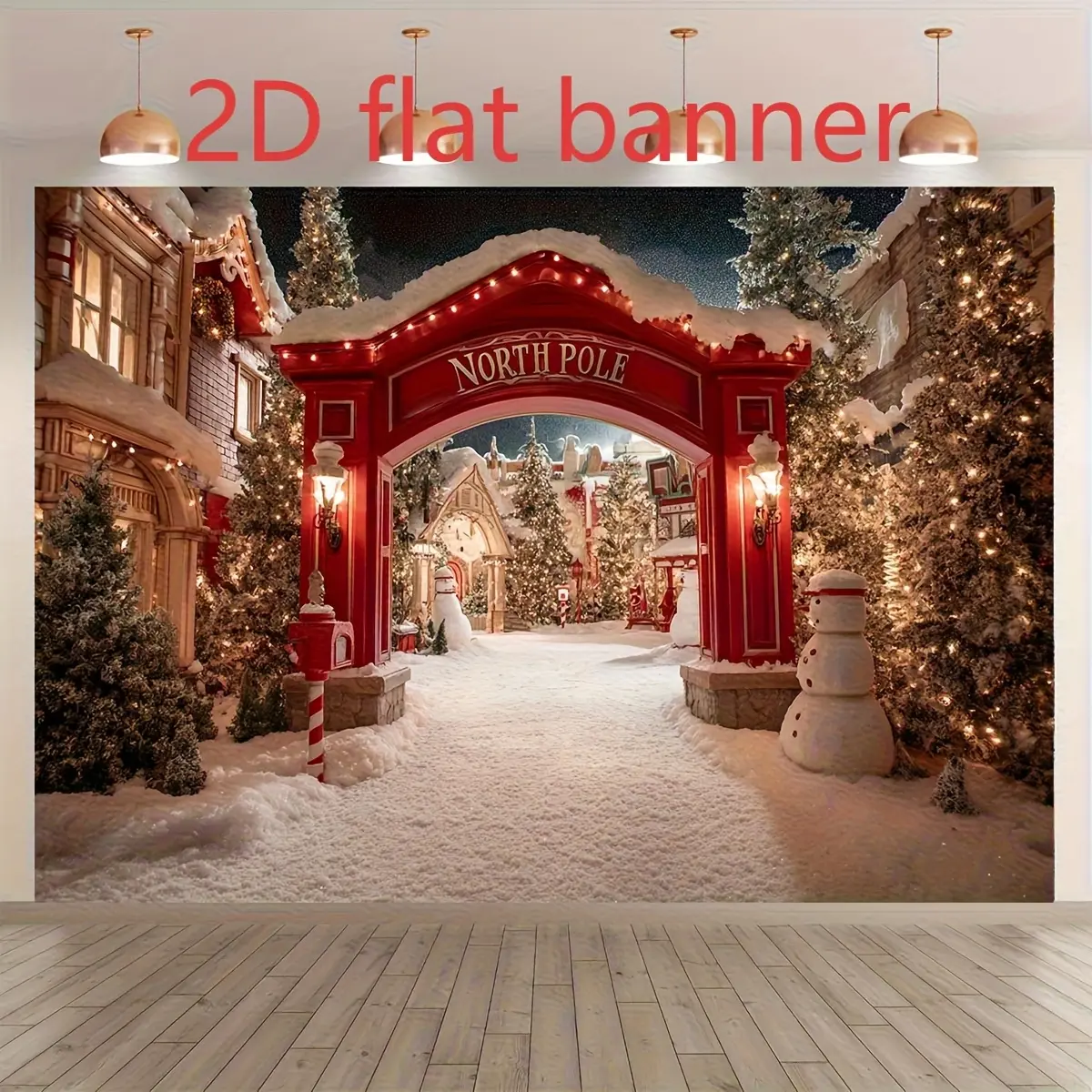 2D Flat, 1pc Arctic Snow Village Winter Scene Backdrop - Large Arch with Red and White Houses Suitable for Christmas, New Year, Winter Wonderland Party Decorations - Durable Indoor/Decorative Use, Perfect for Photo Backdrops, Party Decorations Banners