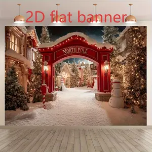 2D Flat, 1pc Arctic Snow Village Winter Scene Backdrop - Large Arch with Red and White Houses Suitable for Christmas, New Year, Winter Wonderland Party Decorations - Durable Indoor/Decorative Use, Perfect for Photo Backdrops, Party Decorations Banners