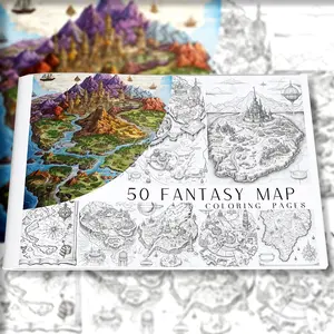 50 Fantasy Map Coloring Pages, Coloring Gift Book, A4 Size Coloring Book Fantasy Coloring Cards Sheets 50 grayscale showcases intricate map details, from meandering rivers and towering mountains to mysterious forests 28*21.5cm