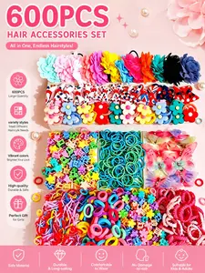 600 pieces/set girls' colorful hair accessory set, Cute hair accessories, high elasticity and durable small hair ties, flower hair bands, 3D butterfly hair clips, cute small claw clips, suitable for daily and holiday dress-up