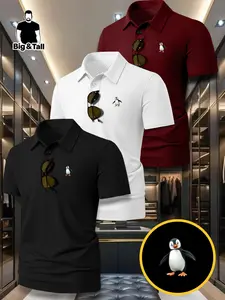 Men's Summer Large Size Polo Short Sleeve Ice Silk Shirt, Classic Cartoon Penguin Print, Casual Business Leisure, Quick Dry Breathable