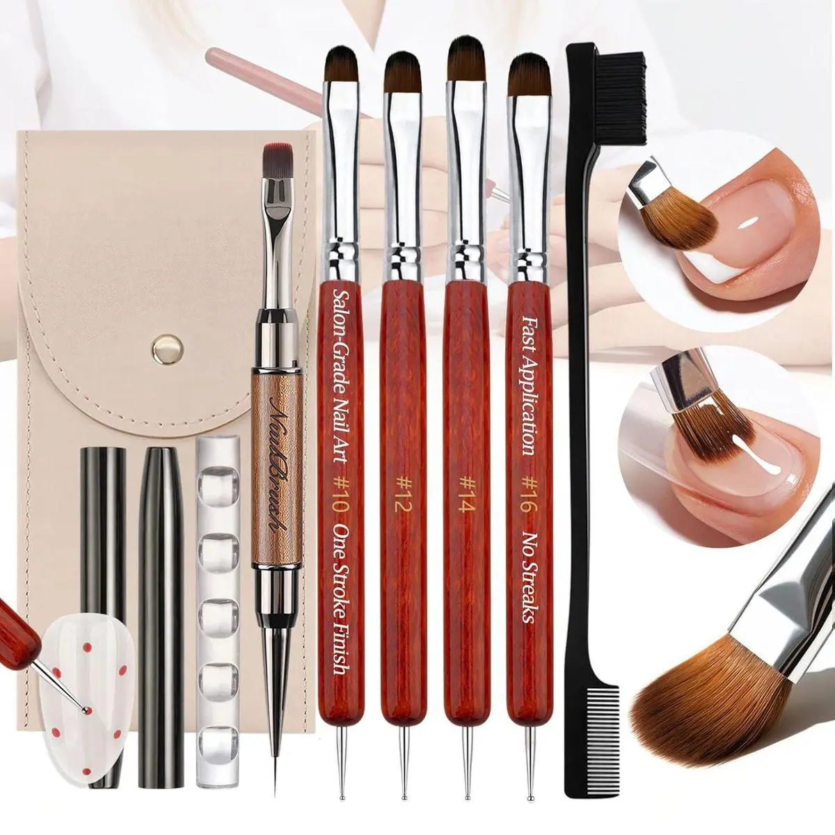 Gel Nail Art Brushes Set: 7Pcs Dense French Tip Brush With Liner Dotting Pen - Manicure Tools For Acrylic Builder Gel Polish Application Clean Up & Designs - Salon Home DIY Nail Artist