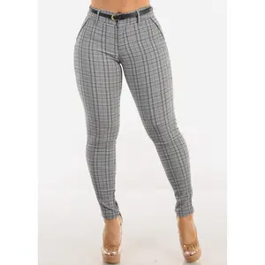 High Waist Plaid Skinny Pants w Belt