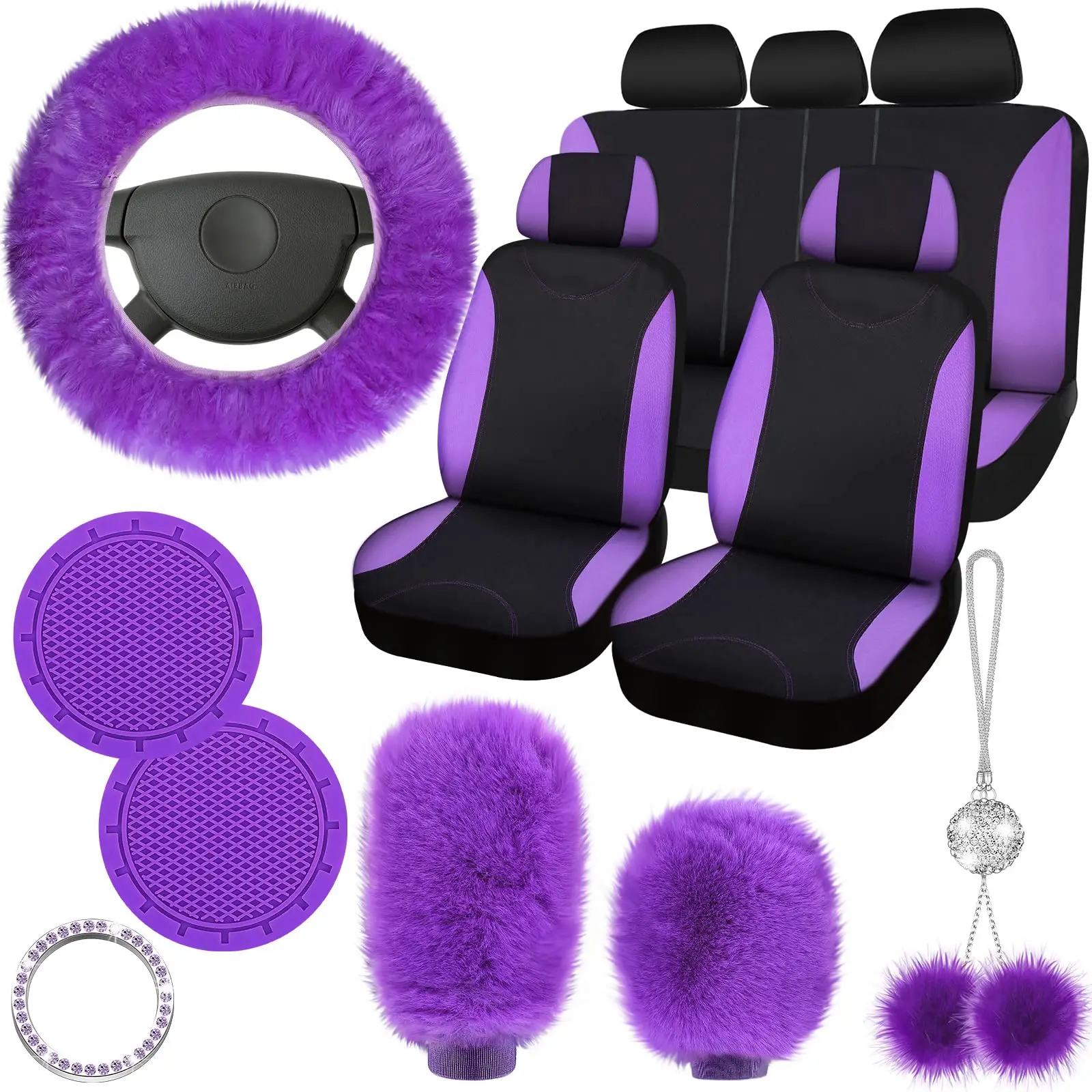 17 Pcs Fluffy Car Interior Accessories & CarSeat Covers Full Set for Girls Women, Furry Steering Wheel Cover , Decorate My Car with Me, Handbrake & Sh