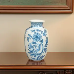 360 stand 9 in. Glossy Traditional Hand-Finished Light Blue & White Floral Round Porcelain Jar - Flower Vase for Table Decor Centerpiece, Ideal Gift for Home Supplies