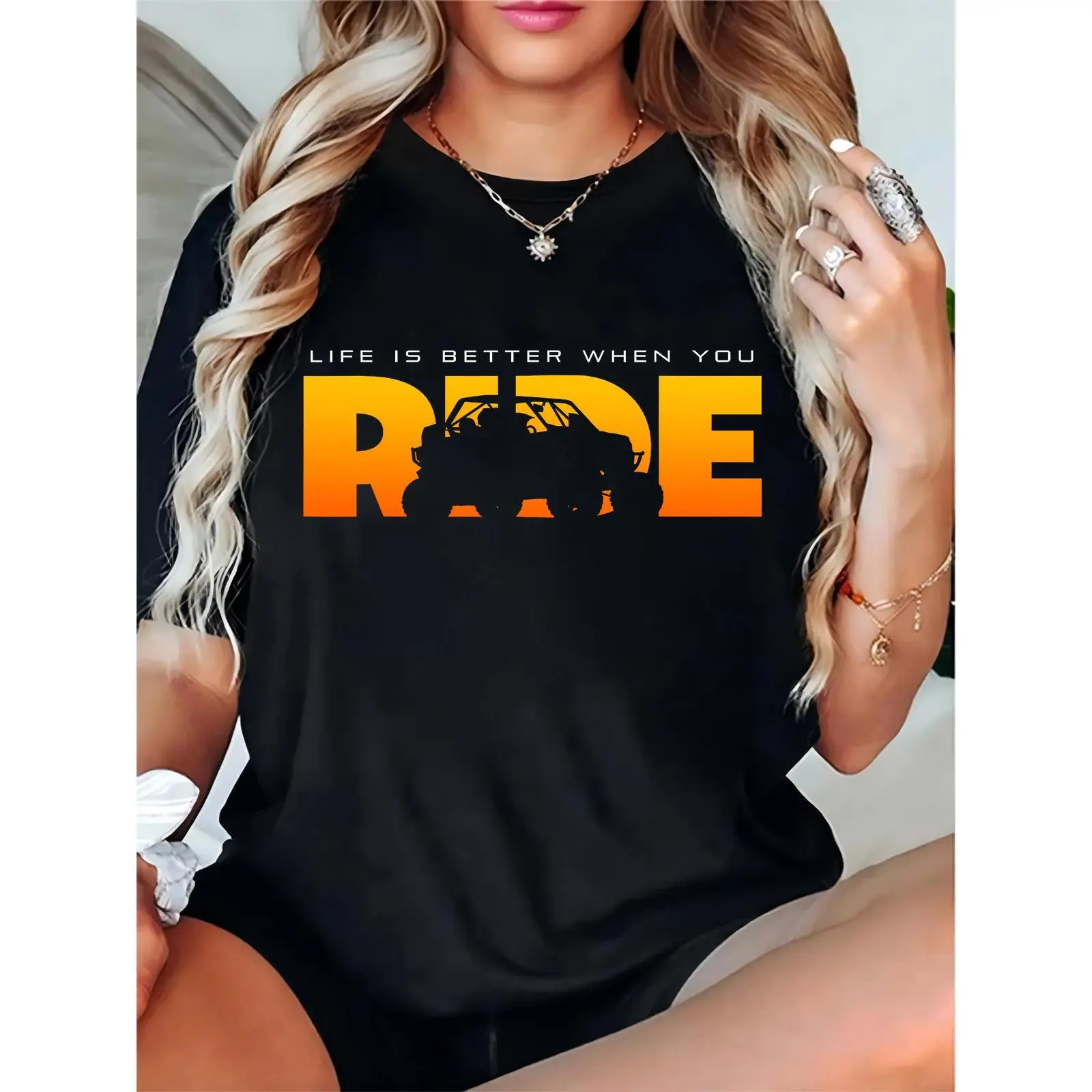 Women's "Life Is Better When You Ride" ATV/UTV Silhouette Graphic T-Shirt, Ideal for Casual Outdoor Adventures, Off-Road Trips & Summer Casual Wear, Day, Basic, Shortsleeve, Fit, Comfortable, Cotton, Essential, Elegant, Prints, Ladies, Feminine, Tops, Tee