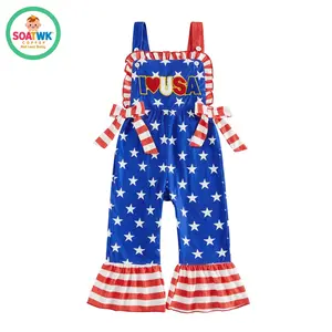 Baby Girl Fourth of July Romper Sleeveless Stars and Stripes Print Bow Jumpsuit Toddler Overalls