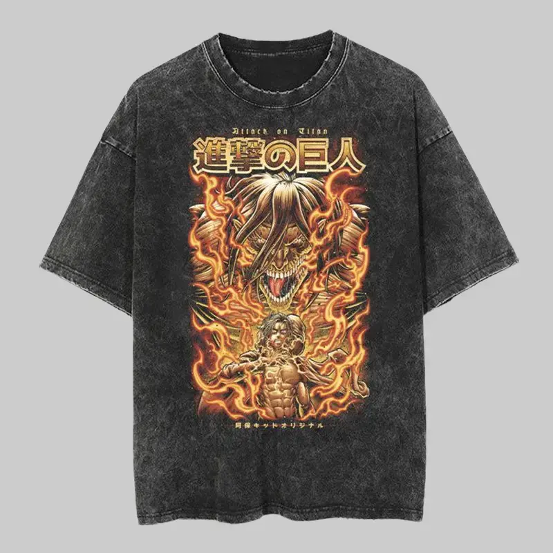 Attack on Titan Eren Yeager T-Shirt | Vintage Washed Oversized Anime Streetwear | Graphic Tee Heavyweight Cotton, Grunge Y2K Shirt for Men & Women