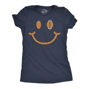 Womens Football Smiling Face Funny T Shirt Sports Graphic Tee for Ladies Funny Womens T Shirts Cute Vintage Fashion Casual Ladies T-Shirt Gift Funny Football Top Women's Novelty Tees Navy -