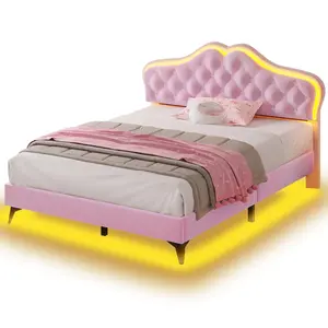 Sikaic Velvet Princess Bed Frame with Adjustable Headboard Pink