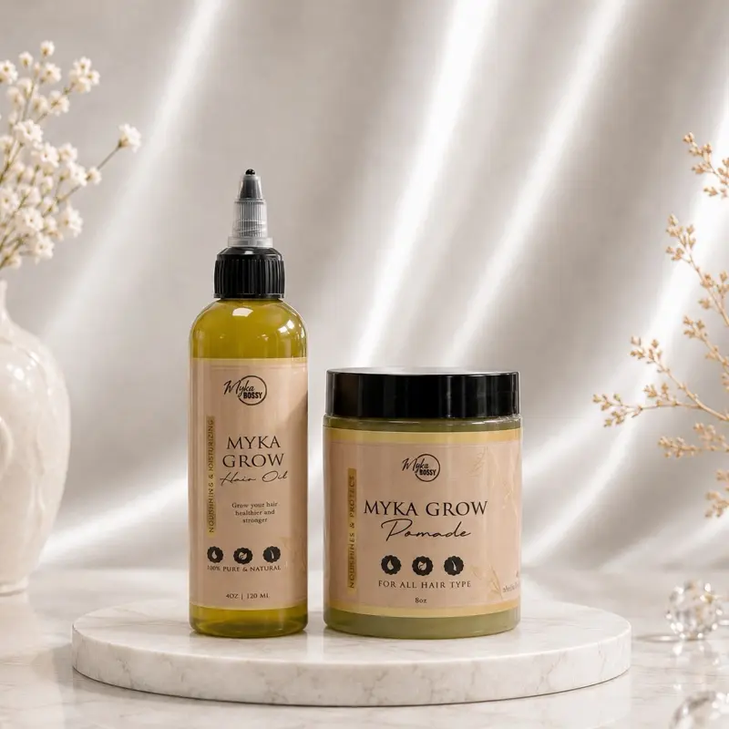 Myka Grow Daily Care Haircare Kit - 4 oz Natural Coconut Pomegranate Oil & Pomade 8 oz Styling Pomade for Healthy Hair, Slick Back Hairstyles, Curl Routine (Any Hair Type), Natural Curls, Hair Care Pack, Glossy Hair