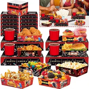 24 Pcs Movie Night Snack Boxes With Paper Food Trays Cinema Pattern Combo Trays Cardboard Popcorn Drink Holder For Birthday Cinema Carnival Party Supplies