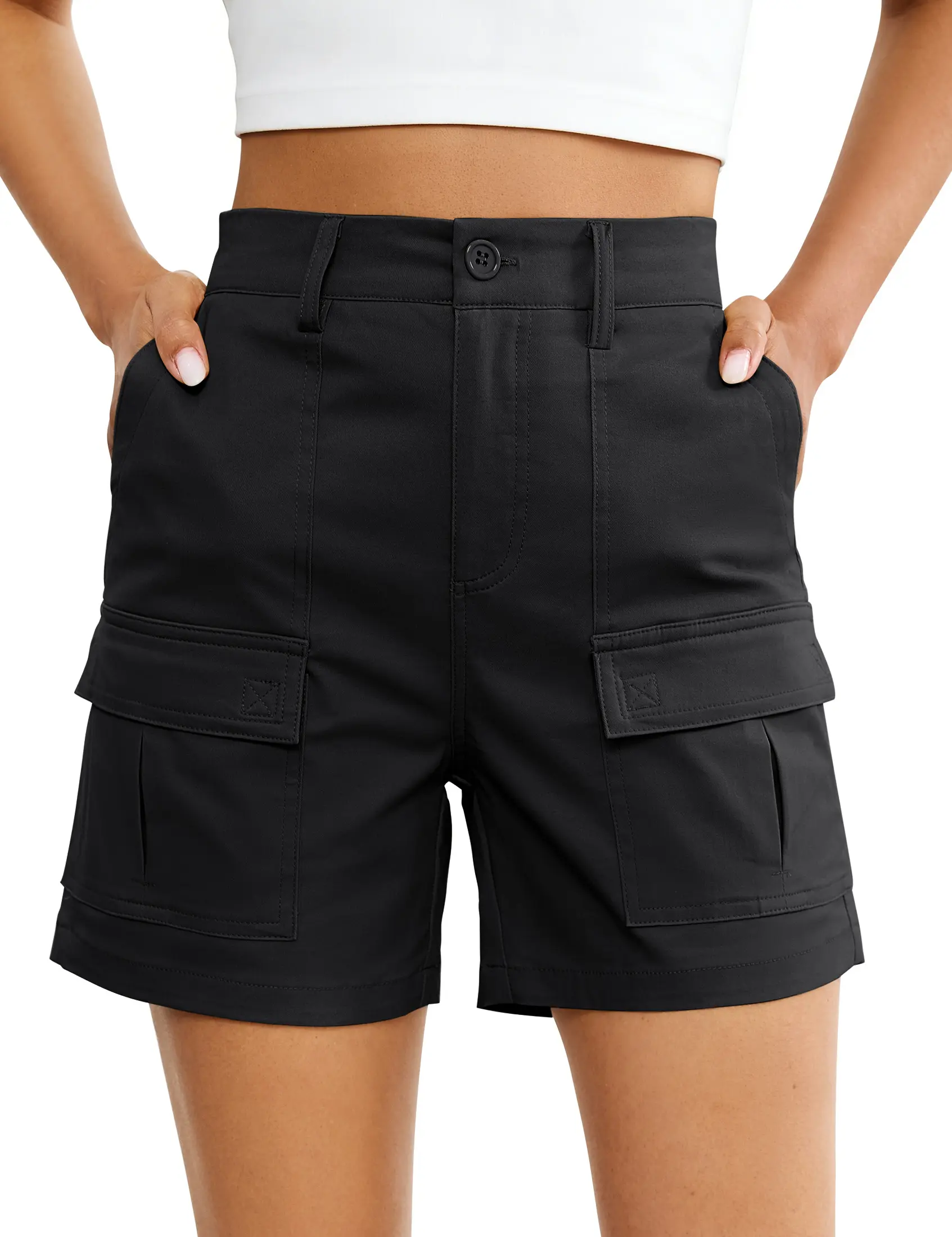 luvamia Women's Casual Cargo Shorts, High Waisted Knit Chino Style with an Elastic Back, Button Front and Pockets, 5" Inseam, Outfits, Piece, Basic