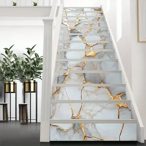 13-Strip Peel and Stick Vinyl Stair Riser Decals - Marble Texture with Golden Veins, Cracked Effect Luxury Self-Adhesive PVC Stickers for Modern Bathroom Staircase & Floor Tile Decor (39.37"L x 7.08"W), Stair Stickers, Staircase Upgrade, Golden
